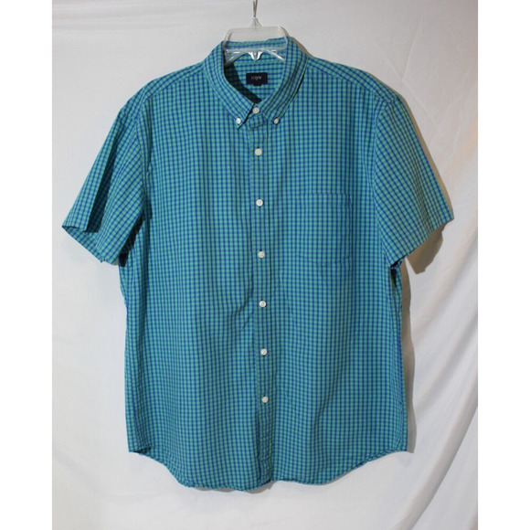 J Crew Blue Teal Gingham Plaid Button-down Shirt Short Sleeve Men's XL Preppy - Picture 1 of 8